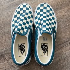 Teal Checkered Vans Nwot Blue Vans Canvas Shoes For Streetwear, Vans Teal Checkered, Blue Vans Sneakers With Synthetic Material, Teal Vans, Blue Vans Sneakers For Skateboarding, Checkered Vans, Van Color, Vans Slip On, Womens Vans