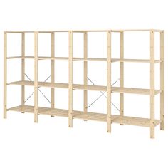 three wooden shelving units with four shelves on each side, one is empty and the other has no doors