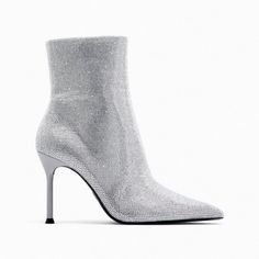 Genuine Zara New With Tag Material: Polyester Color: Silver Super Glamorous Satin Effect Fabric Upper Ankle Boots With Rhinestones. Size Zip Closure. Bling Bling Looks So Good On The Feet! Euro Size 37 Luxury Zara Party Boots, Elegant Sparkling Boots For Fall, Elegant Embellished Ankle-high Heels, Chic Formal Heeled Boots With Rhinestones, Elegant Ankle-high Embellished Heels, Elegant Embellished Ankle Boot Heels, Chic Rhinestone Heeled Boots For Formal Occasions, Sparkling High Heel Evening Boots, Elegant Sparkling Heels For Winter