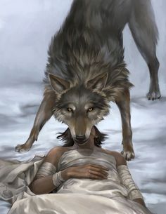 a painting of a woman laying on the ground with a wolf standing over her head