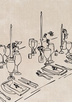 a black and white drawing of a table setting