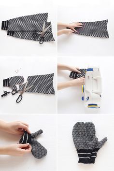 four pictures showing how to sew mitts