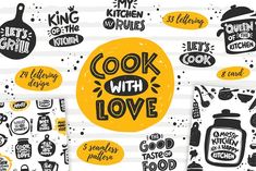 the words cook with love and cooking utensils are shown in black and yellow