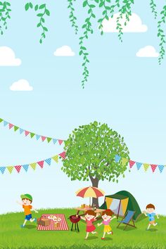 children are playing in the grass near a tree and tent with flags hanging from it