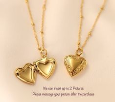 "✨ GOLD HEART LOCKET PENDANT NECKLACE ✨ ✨All chains and pendants are electroplated Gold over Stainless steel. It will not change color and can be worn in water. Our jewelry is made to last, anti-tarnish, higher durability than a regular gold-plated material, perfect for everyday wear. ✨ If you would like us to insert a picture, please message us a picture after the purchase. we can print it and cut and insert for free. Send us your picture through messages after purchase goes through. ✨ If you w Jewelry Gold Necklace, Locket Gold, Locket Jewelry, Large Locket, Gold Heart Locket, Picture Locket, Mystical Jewelry, Pendant Heart, Jewelry Lockets