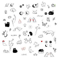 an assortment of doodle designs on white paper with the words happy written in black