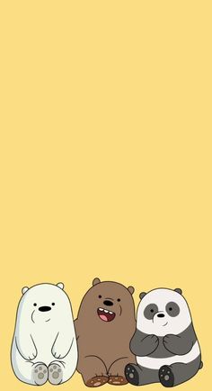 three bears sitting next to each other in front of a yellow background with the same bear on