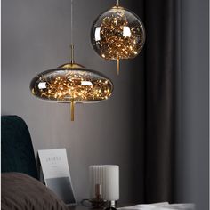 two lights hanging from the ceiling above a bed