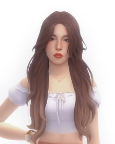 an animated woman with long brown hair wearing a white top and red skirt, standing in front of a white background