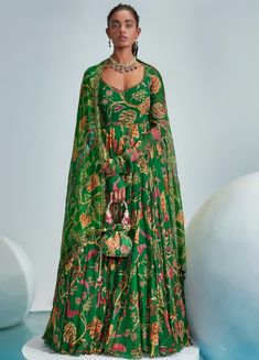 Green Floral Printed Georgette Anarkali With Embellished Dupatta Mahima Mahajan - Fabilicious Fashion Green Anarkali Dress, Anarkali Georgette, Indian Outfits Modern, Printed Anarkali Suits, Mahima Mahajan, Floral Anarkali, Lehenga Style Saree, Green Anarkali, Indian Bridesmaid Dresses