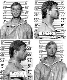 four mug shots of the same man in three different prison uniforms, from left to right