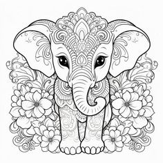 an elephant with flowers on it's head is shown in this coloring book page