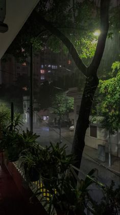 an image of a rainy night in the city with lights shining on trees and buildings