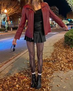 Flame Tights Outfit, Leather Outfit Inspiration, Leather Jacket Fall Aesthetic, Autumn Outfits Red Leather Jacket, Red Dress And Jacket Outfit, Petite Leather Jacket Outfit, Red Outfit Concert Ideas, Dark Red Leather Pants Outfit, Flame Outfit Aesthetic