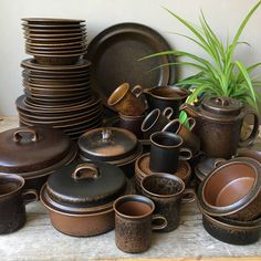 a table topped with lots of brown dishes and cups next to a potted plant