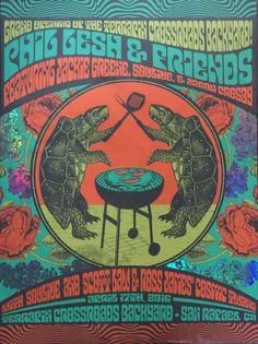 an image of a concert poster with two turtles cooking on grills and flowers in the background