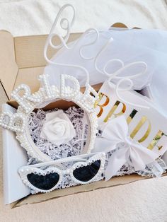 a box filled with white and black items