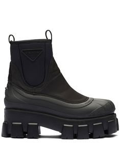 Prada Monolith Boots Outfit, Prada Monolith Boots, Prada Monolith, Black Chunky Boots, Shoes Outfit Fashion, Lug Sole Boots, Triangle Logo, Chunky Boots, Prada Shoes