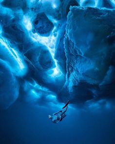 a person swimming in the water near icebergs