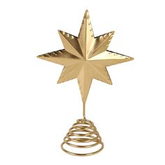 a gold metal christmas ornament with spirals on the bottom and a star hanging from it's center