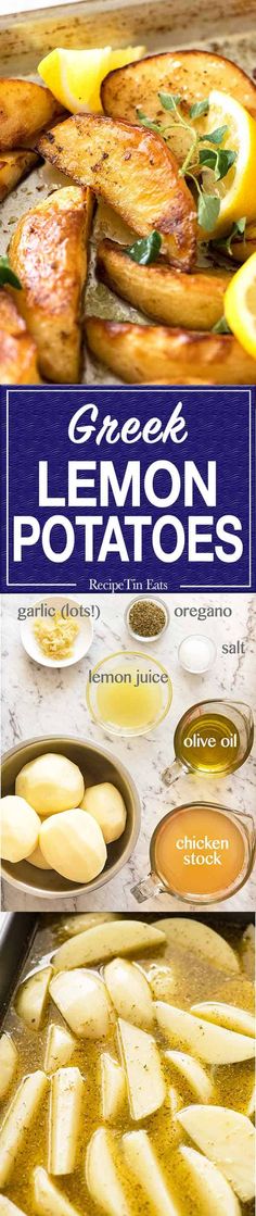 the front cover of a cookbook with lemon potatoes and other foods in pans