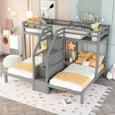 a bunk bed with stairs is shown in this room