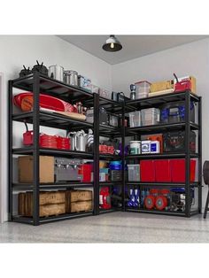 a large metal shelving unit with lots of items