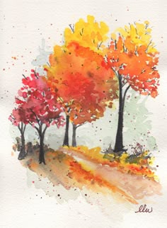 watercolor painting of three trees on a hill with fall foliage in the foreground