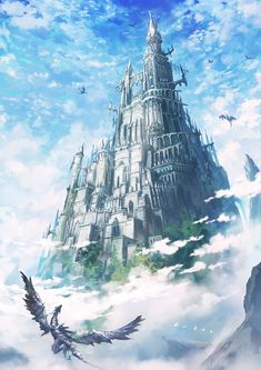 an image of a castle in the sky with birds flying around it and clouds surrounding it