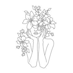 a line drawing of a woman holding flowers in her hair and looking at the camera