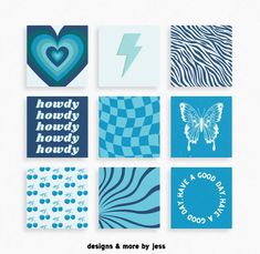 various blue and white greeting cards with different designs on them, including heart, lightning, love