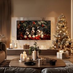 a living room decorated for christmas with two puppies