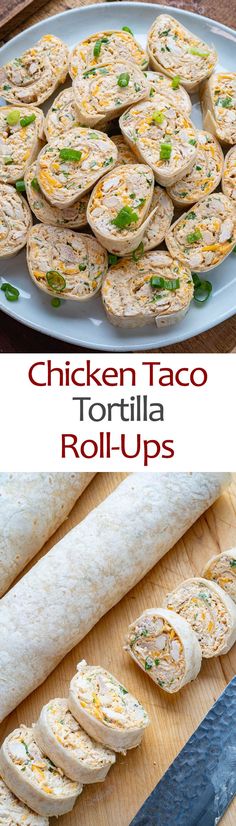 chicken taco tortilla rolls on a cutting board with a knife