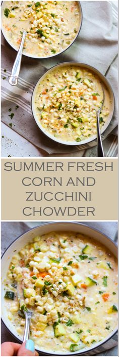 two pictures with different types of food in them and the words summer fresh corn and zucchini chowder