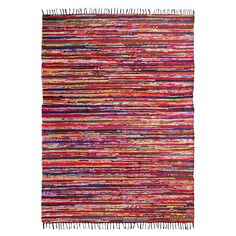 a multicolored rug with fringes on the top and bottom, against a white background