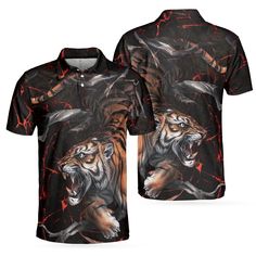 Tiger In The Dark Polo Shirt, Cool Tiger Polo Shirt For Men, Short Sleeve Tiger Shirt Gift Idea - Hyperfavor Casual Black Breathable Shirt, Casual Sports Polo Shirt With Sublimation Print, Casual Collared Polo Shirt With Sublimation Print, Casual Polo Shirt With Sublimation Print, Tiger Shirts, Cool Tiger, Men Polo Shirt, Tiger Shirt, Pique Fabric