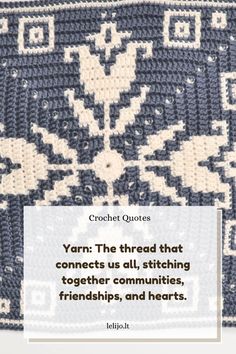 a blue and white rug with the words yarn the thread that connects us all, stitching together communities, friends, and hearts