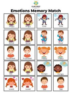 the emotions memory match is shown with different faces and feelings in each child's face