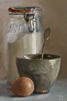 an oil painting of a bowl and spoon next to a jar with something in it