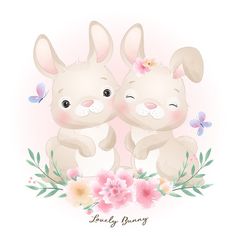 two cute little bunnies sitting next to each other with flowers and butterflies around them