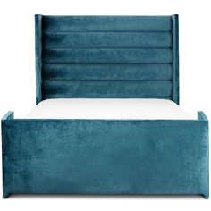 a bed with a blue headboard and foot board