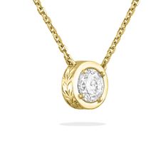 14K Yellow Gold Maile Scroll Necklace with a 1/2 Carat I SI2 Solitaire Diamond. The necklace measures approximately 17". Classic Gold Diamond Necklace With Oval Pendant, Yellow Gold Diamond Cut Pendant Necklace, Classic Gold Oval Diamond Necklace, Classic 14k Yellow Gold Solitaire Necklace, Elegant White Gold Custom Necklace For Formal Occasions, Elegant 14k Gold Diamond Necklace With Oval Pendant, Engraved Diamond Pendant Necklace For Formal Occasions, Formal Engraved Diamond Pendant Necklace, Formal Engraved Pendant Diamond Necklace