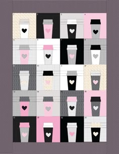 a quilt pattern with coffee cups and hearts on the front, as well as two different colors