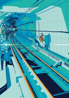 a man is standing on a train track in the middle of an empty subway station