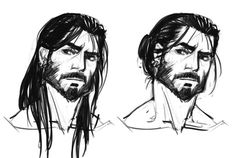 two sketches of the same man with long hair