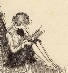 a drawing of a woman sitting on the ground reading a book next to a tree