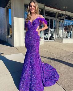 Prom Dress With Feathers, Cut Out Prom Dresses, Dress With Feathers, Purple Prom, Purple Gowns, Purple Prom Dress, Sequin Sleeve, Sequin Prom Dress, Prom Outfits