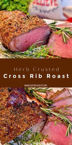 Roasted Herb Crusted Cross Rib Roast sliced with fresh herbs surrounding the roast on a white serving platter. Herb Crusted Prime Rib Roast, Herb Crusted Prime Rib, Crusted Prime Rib, Meat Lovers Recipes, Wine Gravy, Standing Rib Roast, Prime Rib Roast