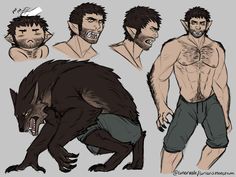 an image of a man with different facial expressions and body parts, including a wolf