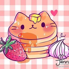 a cartoon cat is holding a stack of pancakes with a strawberry on the plate next to it